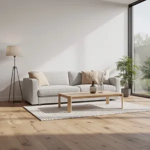 A photorealistic interior of a modern Scandinavian-style living room with natural light streaming through floor-to-ceiling windows. Show detailed wood textures, fabric materials, and proper light reflections. - Black Forest Labs Flux 2 Pro