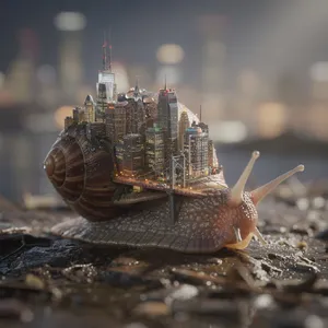 A snail whose shell contains a miniature city skyline, depicted in a hyperrealistic macro photography style with intricate architectural details and ambient lighting. - Black Forest Labs Flux 2 Pro