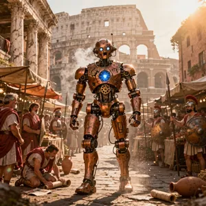 A steampunk robot time-traveling in ancient Rome, depicted in a detailed cinematic style that blends historical accuracy with copper and brass retrofuturistic aesthetics. - Black Forest Labs Flux 2 Pro