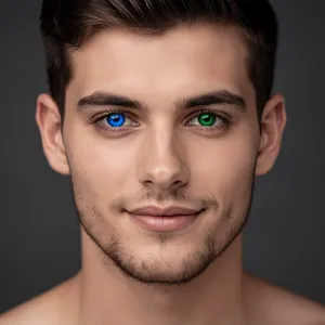 A studio headshot of a young man with one blue eye and one green eye (heterochromia). - Black Forest Labs Flux 2 Pro
