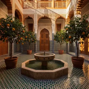A traditional Moroccan riad courtyard with detailed zellige tilework, flowing fountain, citrus trees, and ornate woodwork. Morning light casting intricate shadow patterns. - Black Forest Labs Flux 2 Pro