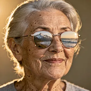 A ultra high-resolution portrait of an elderly woman with silver hair and bifocal glasses, each lens reflecting a distant landscape, captured in warm late-afternoon sunlight - Black Forest Labs Flux 2 Pro