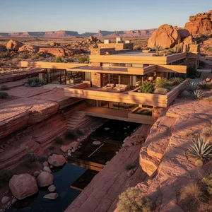 Aerial view of a modernist desert home, in the style of Frank Lloyd Wright's Fallingwater but adapted to desert conditions. Show integration with rocky landscape and water features. - Black Forest Labs Flux 2 Pro