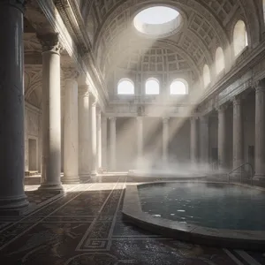An ancient Roman bathhouse interior with accurate architectural details - marble columns, mosaic floors, arched ceilings, and steam rising from pools. Natural light from oculus openings. - Black Forest Labs Flux 2 Pro