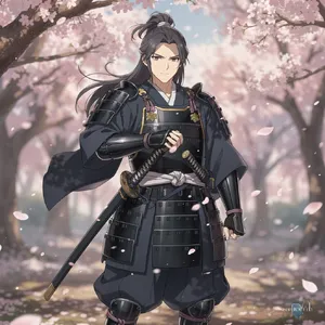 An anime-style portrait of a samurai standing under pink cherry blossoms. - Black Forest Labs Flux 2 Pro