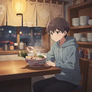 An anime scene of a character eating ramen at a small shop counter (slice-of-life style). - Black Forest Labs Flux 2 Pro