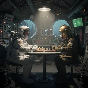 An astronaut and a deep-sea diver playing chess together inside a submarine. - Black Forest Labs Flux 2 Pro