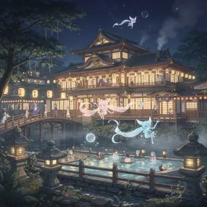 An enchanted bathhouse with glowing lanterns and spirits. Recreate the visual style of 'Spirited Away' by Studio Ghibli, with Miyazaki's ornate architecture and magical atmosphere. - Black Forest Labs Flux 2 Pro