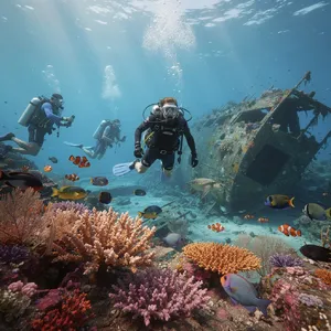 An underwater scene with scuba divers exploring a coral reef alongside colorful fish and a sunken ship. - Black Forest Labs Flux 2 Pro