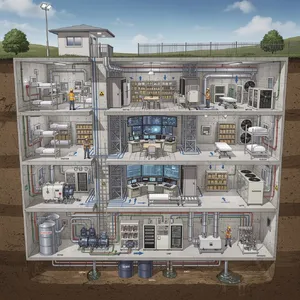 Cross-section rendering of a multi-level underground bunker with different functional areas, structural support systems, ventilation, and power generation facilities visible. - Black Forest Labs Flux 2 Pro
