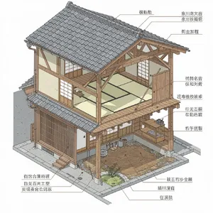 Cutaway architectural drawing of a traditional Japanese machiya townhouse showing all rooms and structural elements. Include accurate proportions, traditional joinery, and typical spatial organization. - Black Forest Labs Flux 2 Pro