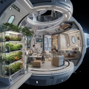 Interior of a futuristic space habitat with hydroponics gardens, communal areas, and living quarters. Show curved walls, artificial gravity considerations, and multipurpose furniture designs. - Black Forest Labs Flux 2 Pro