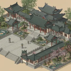Isometric architectural illustration of an ancient Chinese temple complex showing multiple pavilions, gardens, and ceremonial spaces. Include proper roof structures and traditional ornamentation. - Black Forest Labs Flux 2 Pro