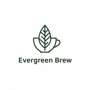 Minimalist logo for a sustainable coffee brand 'Evergreen Brew', single leaf motif, clean lines, vector style, white background. 'Evergreen Brew' contained as text in logo - Black Forest Labs Flux 2 Pro