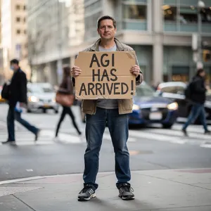Photorealistic daytime street photograph, clearly showing a man standing still on a busy urban street corner holding a rectangular cardboard sign clearly facing camera, handwritten bold black marker text clearly readable as 