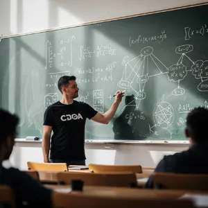 Photorealistic depiction of a man wearing a clearly visible black OpenAI-branded T-shirt. He is standing at the front of a university lecture hall, writing complex mathematics and AI-related equations across a large, dusty chalkboard filled with notation - Black Forest Labs Flux 2 Pro