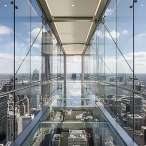 Photorealistic rendering of a contemporary glass skybridge between two skyscrapers, seen from inside with city views visible through glass walls and floor. Show accurate reflections and structural details. - Black Forest Labs Flux 2 Pro