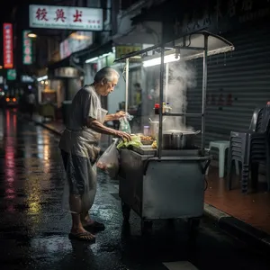 Rain-slicked Singapore street, 3 AM. A lone elderly hawker cleans his cart under one flickering fluorescent light. Steam rises gently. Low-angle shot, photorealistic - Black Forest Labs Flux 2 Pro
