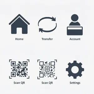 Set of 5 consistent flat design icons for a mobile banking app: 'Home', 'Transfer', 'Account', 'Scan QR', 'Settings'. Monochrome dark blue. - Black Forest Labs Flux 2 Pro