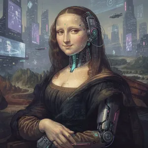 The Mona Lisa reimagined as a futuristic android, rendered in a digital art style that preserves Da Vinci's composition while incorporating sleek cyberpunk aesthetics and technological elements. - Black Forest Labs Flux 2 Pro