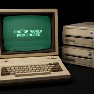 Vintage Apple II computer with green monochrome CRT screen, displaying 'END OF WORLD PROCEDURES' in green text. Two external floppy drives stacked on the right, labeled disk II with rainbow Apple logos. Beige casing, black background, retro aesthetic. - Black Forest Labs Flux 2 Pro