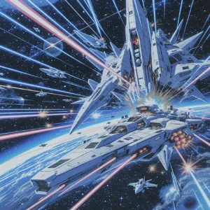 A 90s anime-style space battle scene with giant starships and laser beams. - Black Forest Labs FLUX.1 Kontext Max