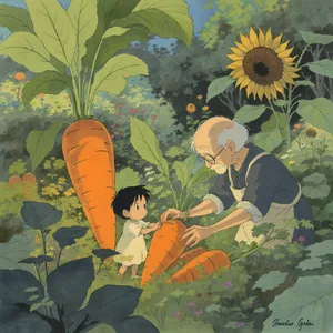 A child and elder tending oversized vegetables in a garden. Reproduce the artistic style of Studio Ghibli, with their distinctive character proportions and detailed plant illustrations. - Black Forest Labs FLUX.1 Kontext Max