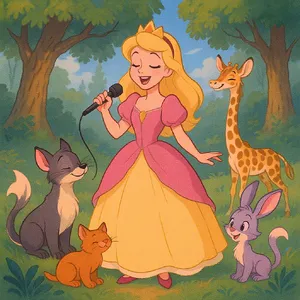 A classic Disney-like 2D cartoon princess singing with animals in a forest. - Black Forest Labs FLUX.1 Kontext Max