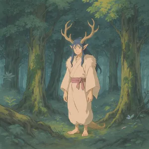 A forest spirit standing among tall trees. Replicate the artistic style of 'Princess Mononoke' by Studio Ghibli, with Miyazaki's detailed environments and mystical creature design. - Black Forest Labs FLUX.1 Kontext Max
