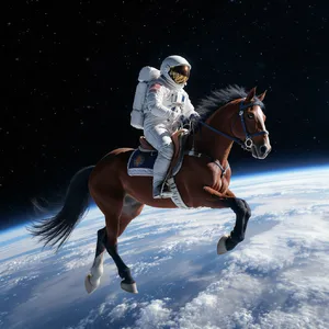 A realistic astronaut being ridden by a horse, photorealistic depiction in outer space with accurate lighting and proportions - Black Forest Labs FLUX.1 Kontext Max
