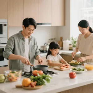 A family cooking together in a kitchen, each person busy with a different task. - Bytedance Seedream 3.0