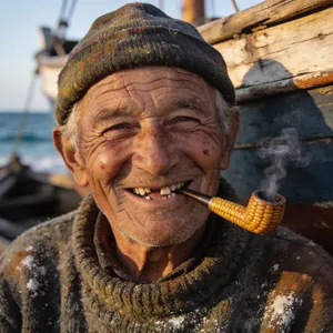 A 4K photo of an old fisherman with a weathered face and a pipe, grinning. - Bytedance Seedream 4.5