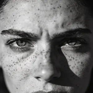 A black and white close-up portrait of a freckled woman with an intense gaze. - Bytedance Seedream 4.5