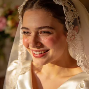 A bride on her wedding day, smiling with tears of joy in her eyes. - Bytedance Seedream 4.5