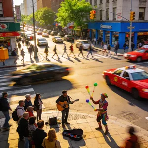 A busy city intersection with cars, pedestrians, and street performers all in one frame. - Bytedance Seedream 4.5