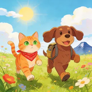 A cartoon of a cat and a dog on an adventure, drawn in a colorful 2D style. - Bytedance Seedream 4.5