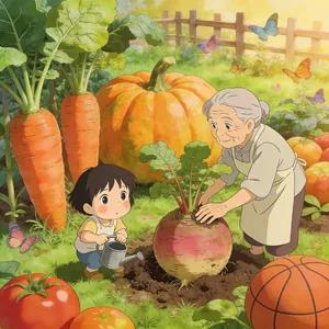 A child and elder tending oversized vegetables in a garden. Reproduce the artistic style of Studio Ghibli, with their distinctive character proportions and detailed plant illustrations. - Bytedance Seedream 4.5
