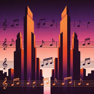 A city skyline that forms the shape of musical notes on a staff, created in a stylized graphic design aesthetic with clean architectural lines and dramatic twilight colors. - Bytedance Seedream 4.5