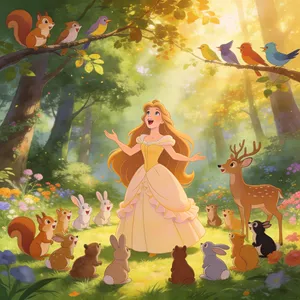 A classic Disney-like 2D cartoon princess singing with animals in a forest. - Bytedance Seedream 4.5