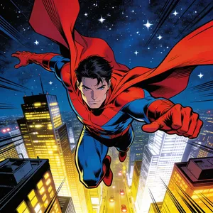 A comic-book style superhero flying over a city at night, with halftone shading. - Bytedance Seedream 4.5