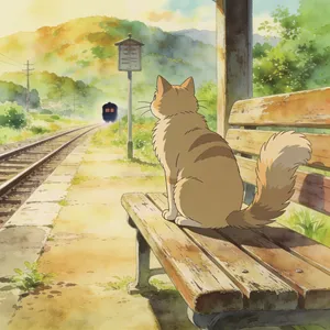 A countryside train station with a cat waiting on a bench. Rendered in Studio Ghibli animation style with Miyazaki's watercolor backgrounds and hand-drawn quality. - Bytedance Seedream 4.5