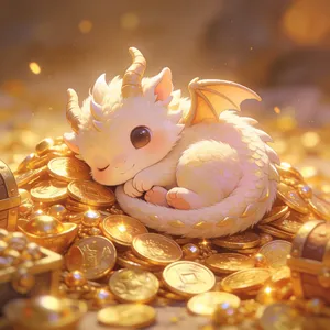 A cute chibi-style dragon sleeping on a pile of gold. - Bytedance Seedream 4.5