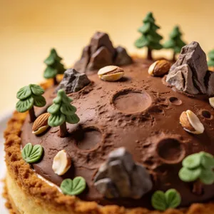 A dessert cake that looks like a tiny planet, complete with miniature trees and mountains, photographed in a professional food photography style with tilt-shift focus effect. - Bytedance Seedream 4.5
