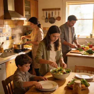 A family cooking together in a kitchen, each person busy with a different task. - Bytedance Seedream 4.5