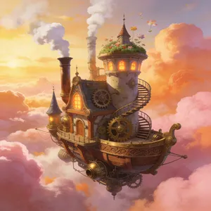 A flying castle floating in clouds at sunrise. Match the visual aesthetic of 'Howl's Moving Castle' by Studio Ghibli, with Miyazaki's blend of steampunk elements and fantasy. - Bytedance Seedream 4.5