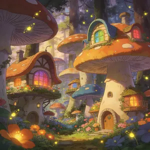 A forest of giant mushrooms with houses built on top of them, rendered in a whimsical Studio Ghibli-inspired art style with vibrant colors and fantastical details. - Bytedance Seedream 4.5