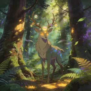 A forest spirit standing among tall trees. Replicate the artistic style of 'Princess Mononoke' by Studio Ghibli, with Miyazaki's detailed environments and mystical creature design. - Bytedance Seedream 4.5