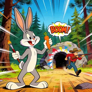 A Looney Tunes-inspired cartoon scene of a clever rabbit tricking a hunter. - Bytedance Seedream 4.5