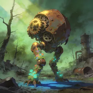 A mechanical creature in a polluted landscape. Capture the visual aesthetic of 'Nausicaä' by Studio Ghibli, with Miyazaki's mechanical designs and environmental contrast. - Bytedance Seedream 4.5
