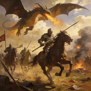 A medieval battlefield with knights on horseback and a dragon flying overhead. - Bytedance Seedream 4.5